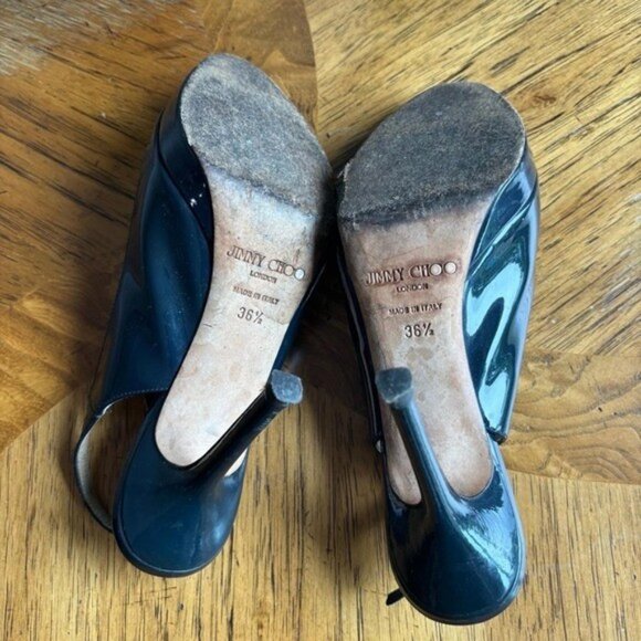 Jimmy Choo Black Patent Leather Slingback Peep Toe High Heel Pumps - Picture 2 of 5